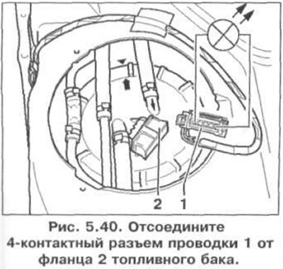 8. При снятой крышке отсоедините 4-контактный разъем проводки 1 от фланца 2 топливного бака (рис.…