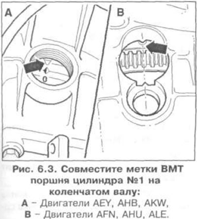 4. Совместите метки ВМТ поршня цилиндра №1 на коленчатом валу: А - Двигатели AEY, АНВ, AKW, В -…