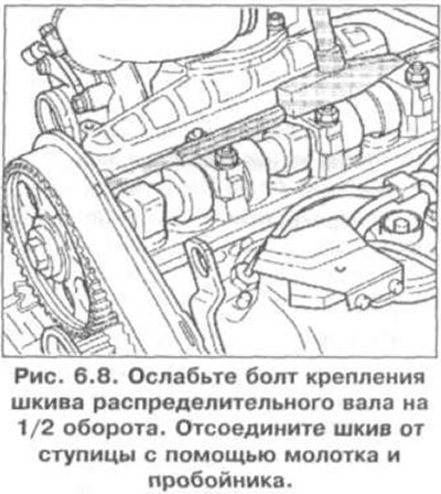 17. Ослабьте болт крепления шкива распределительного вала на 1/2 оборота (рис. 6.8). Отсоедините…