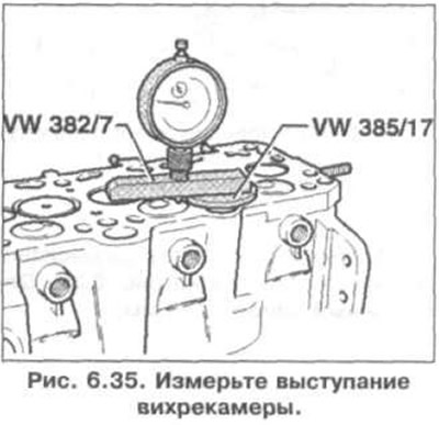 Измерьте выступание вихрекамеры (рис. 6.35). Спецификационное значение: 0.07 мм. Если требуемое…