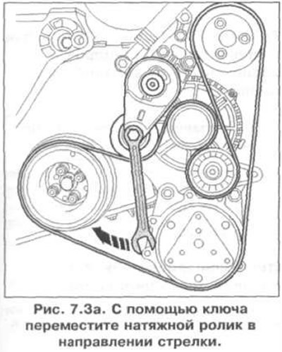 с помощью ключа переместите натяжной ролик в направлении стрелки (рис. 7.3 а).