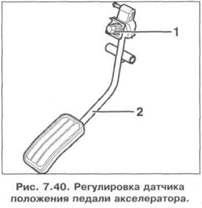 5. Если необходимо, отрегулируйте положение педали акселератора 2 путем вращения регулировочного…
