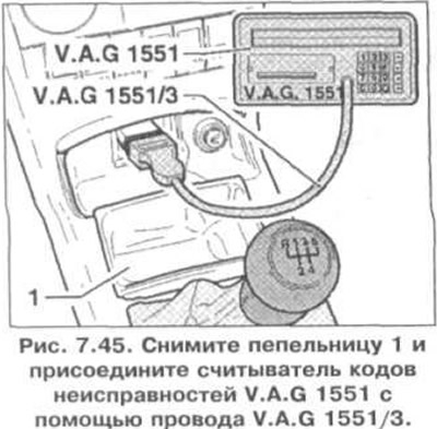 1. Снимите пепельницу 1 и присоедините считыватель кодов неисправностей V.A.G 1551 с помощью…