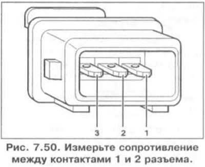 3. Measure the resistance between contacts 1 and 2 of the connector (Fig. 7.50). Specification…