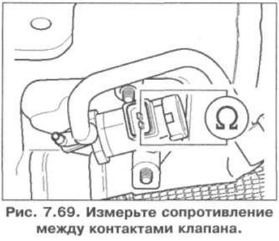 2. Измерьте сопротивление между контактами клапана (рис. 7.69). Спецификационное сопротивление:…