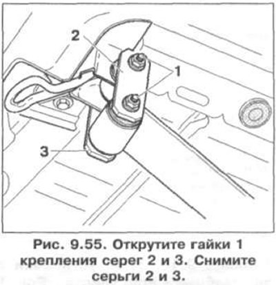 6. Открутите гайки 1 крепления серег 2 и 3 (рис. 9.55). Опустите балку задней оси с помощью…