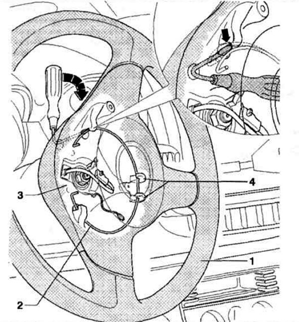 Рис. 10.9. Установите рулевое колесо 1 спицами в вертикальное положение. Вставьте отвертку в…