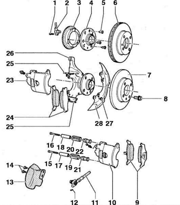 Рис. 11.9. Передние тормозные механизмы с тормозными суппортами VW I и VW II: