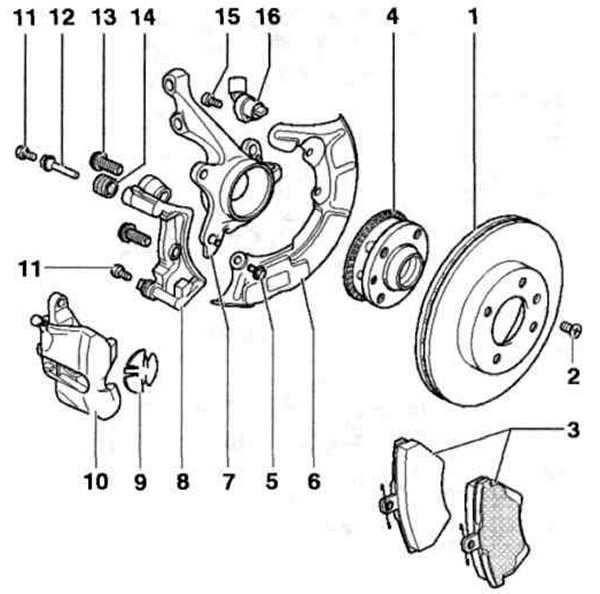 Рис. 11.16. Передние тормозные механизмы с тормозными суппортами «Girling/Lucas»: