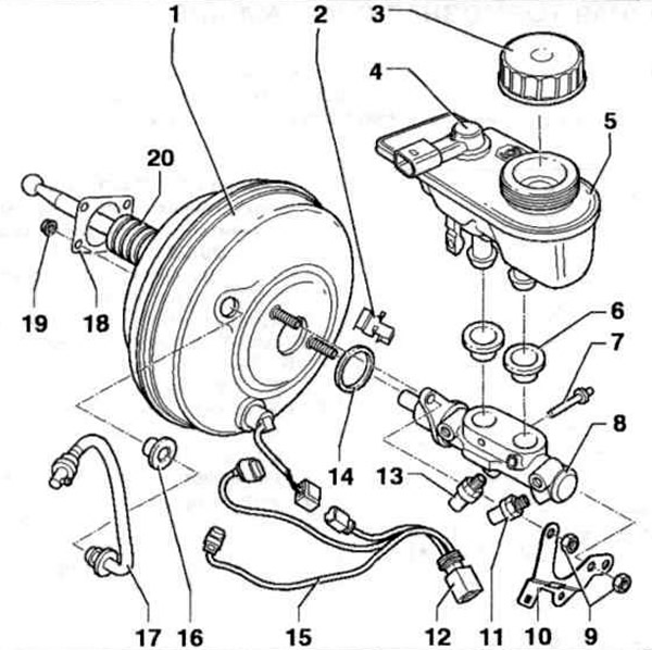 Мал. 11.35. Галоўны тармазны цыліндр і вакуумны ўзмацняльнік тармазнога прывада аўтамабіляў з…