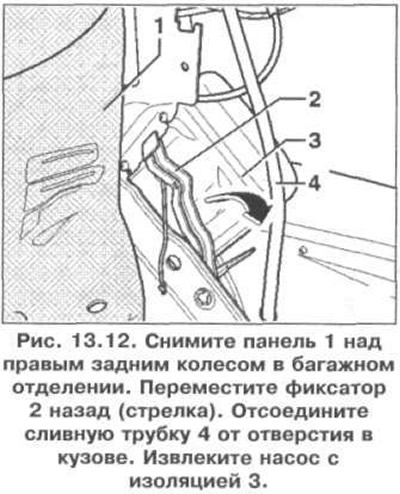 5. Снимите панель 1 над правым задним колесом в багажном отделении (рис. 13.12). Переместите…