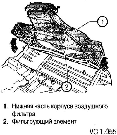 4. Odstráňte spodnú časť krytu vzduchového filtra (1) a vyberte z krytu prvok vzduchového filtra…