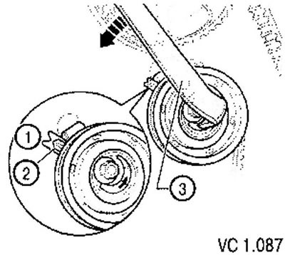 7. Tighten the timing belt. To do this, use the special key (3) to turn the eccentric…