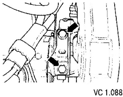 18. Using new screws, screw the support to the engine bracket (arrows), while lowering the engine…