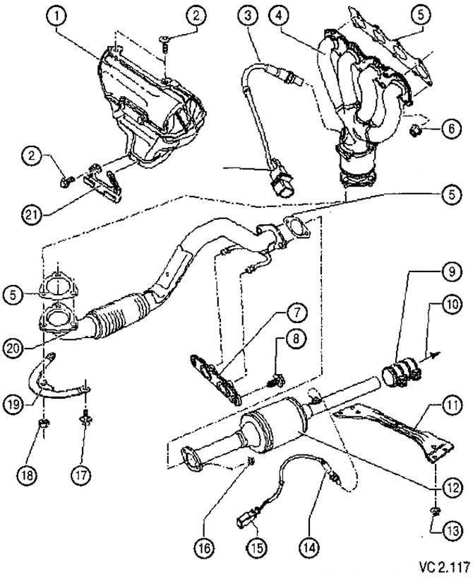 List of parts and components of the exhaust system with technological notes to Figure VC2.117: