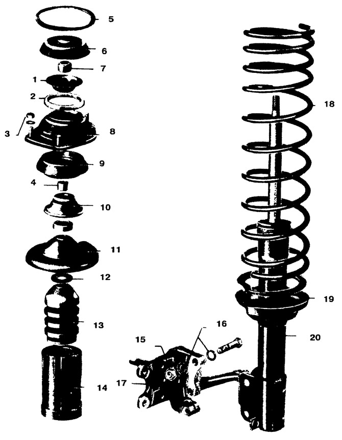 Shock absorber strut: 1 - stop; 2 - thrust ring (install on the installed shock absorber strut); 3…