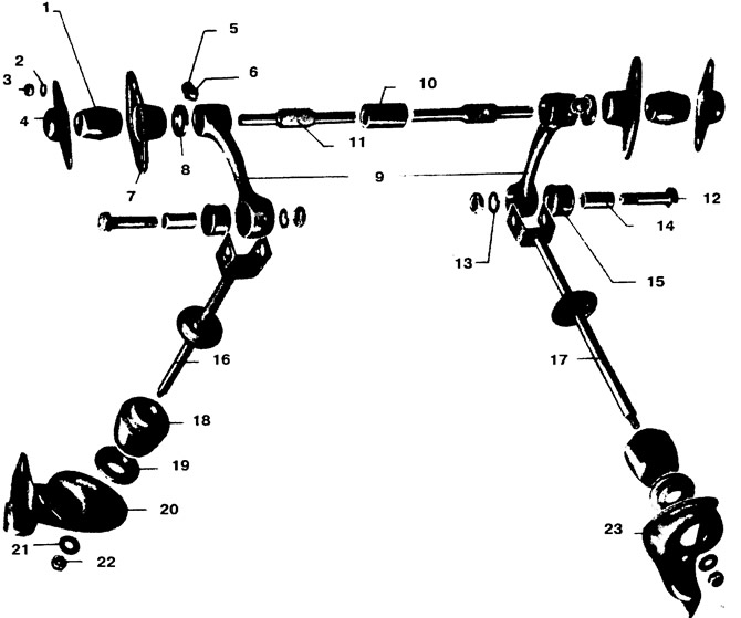 Rear suspension parts: 1 - rubber bushing (sprinkle with talc); 2 - spring washer; 3 - nut; 4 -…