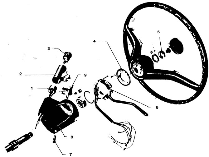 Steering column parts (kafer 1200 cars): 1 - ignition switch; 2 - steering wheel lock; 3 - lock…