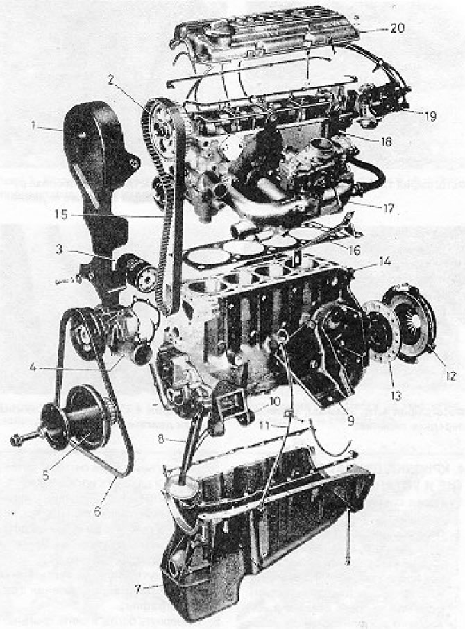 1.1. ábra. A motor fő alkatrészei (1. szakasz): 1 - Vezérműszíj burkolat; 2 - Vezérműtengely…