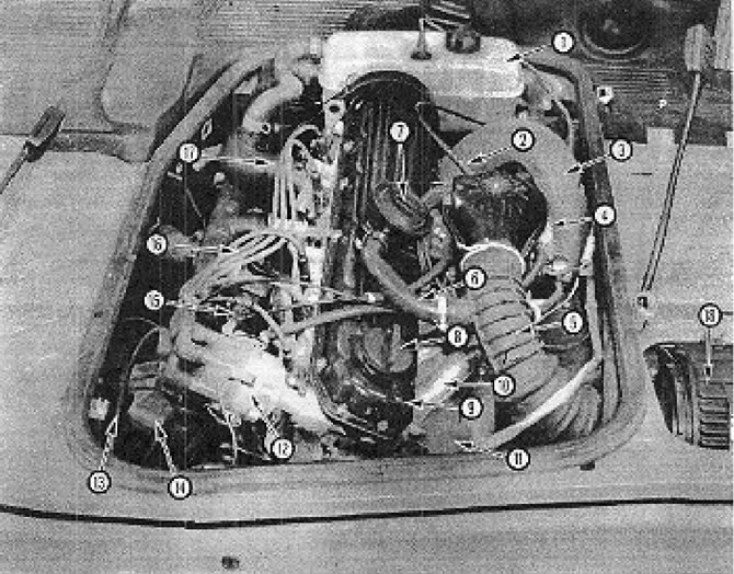 6. ábra. Az LT 28 modellek motortere (2,4 literes motorral): 1 - A hűtőrendszer tágulási tartálya;…