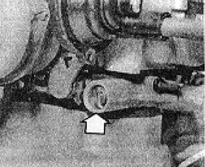 Photo 6B.9. Quantity screw (shown by the arrow) (2B6 carburetor).