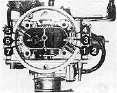 Figure 13.35. Position of jets in the top cover of the 2V6 carburetor (section 6B): 1 and 2 -…