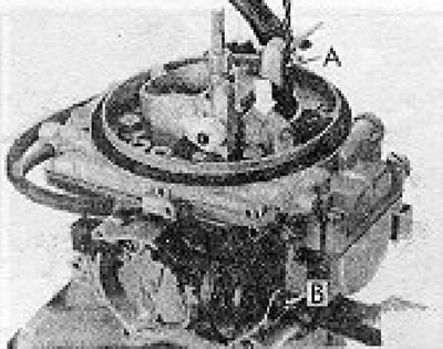 Figure 13.39. Dash of the air damper starting gap (2B6 carburetor) (Section 6B): A - Drill; B -…