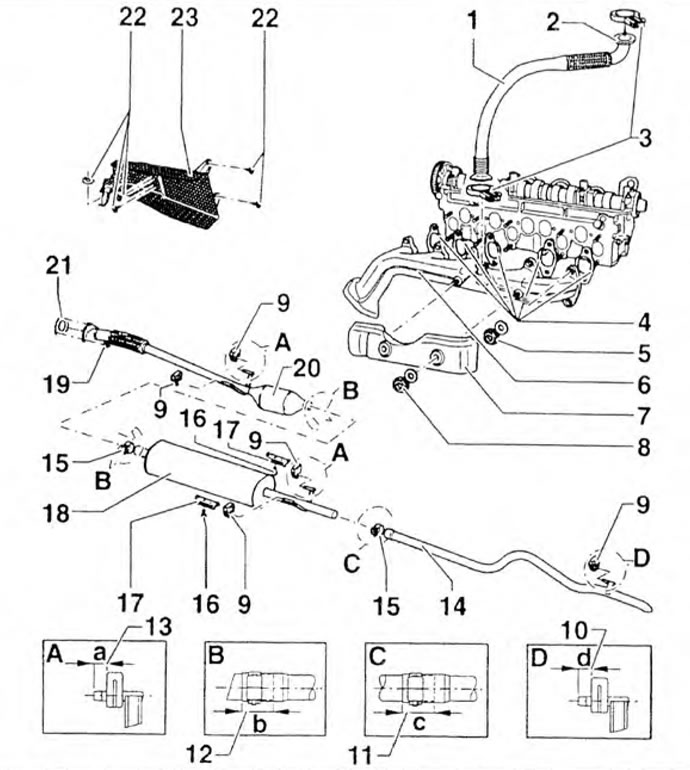 Figure 3.47b. AGX engine exhaust system: 1 - Connecting pipe: 2 - To the EGR valve; 3, 15 - Clamps;…