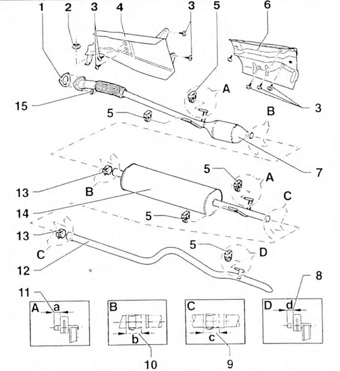 Figure 3.47c. ANJ engine exhaust system: 1 - Gasket; 2, 15 - Nuts; 3 - Bolts; 4.6- Heat-protective…