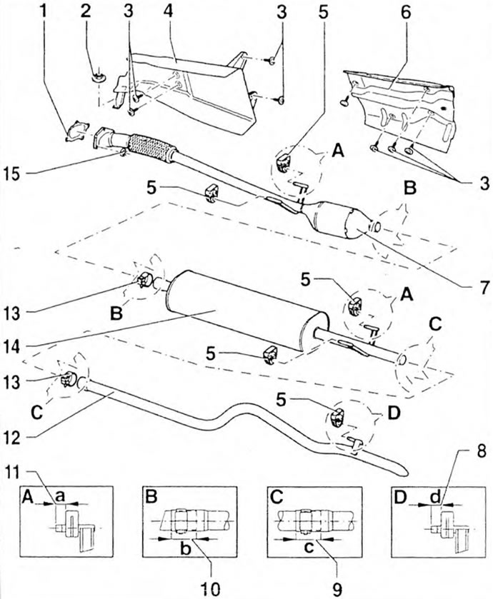 Figure 3.47g. Exhaust system of ARA, VVE, BBF engines: 1 - Gasket; 2, 15 - Nuts; 3 - Bolts; 4, 6 -…