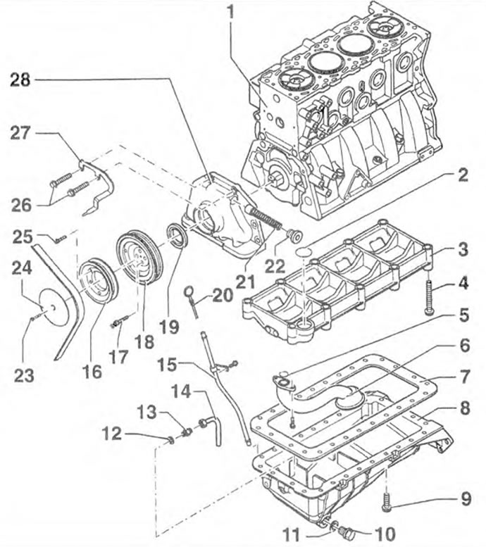 Figure 4.38a. Lubrication system: 1 - Cylinder block; 2, 5, 12, 19 - Sealing rings; 3 - Oil…