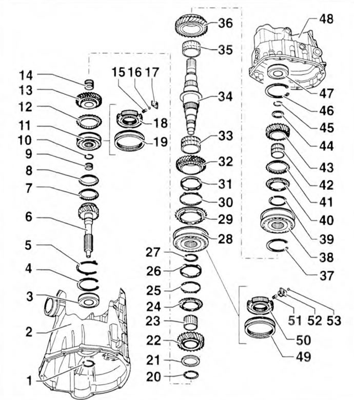 Figura 5.48. Arbori ale cutiei de viteze: 1, 4, 5, 10, 20, 27, 37, 39, 45, 46 - Inele de siguranță;…