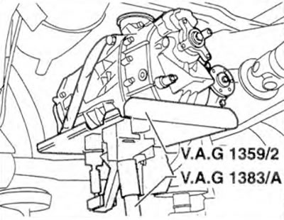 Фигура 5.80. Поставете крика VAG 1383 A под скоростната кутия.