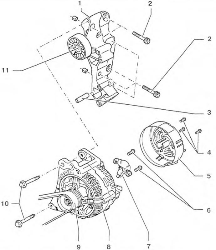 9.11. ábra. 4 hengeres dízelmotorok generátora: 1 - Generátor tartókonzol; 2, 4, 6, 10 - Csavarok;…