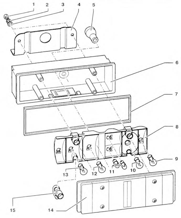 Figure 9.39. Pickup truck rear light: 1 - Nut; 2, 3 - Washer; 4 - Bracket; 5 - Rubber gasket; 6 -…