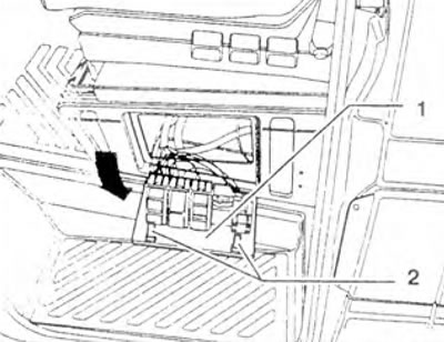Figure 9.44. Additional relay block under the front passenger seat: 1 - Additional relay block; 2 -…