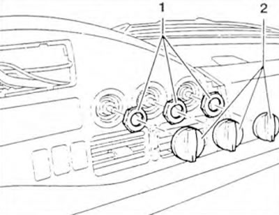 Figure 10.32. Remove the rotary knobs of the heating system controls 2 and unscrew the nuts 1.