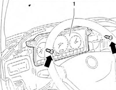 Figure 10.35. Remove the screws (arrow) and move the instrument cluster 1 back.