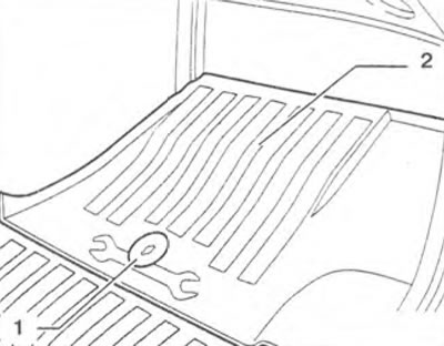 Figure 10.42. Turn screw 1 and remove cover 2 from the floor on the passenger side.