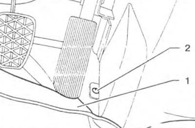 Figure 10.44. Lift floor covering 1 on the driver's side and remove screw 2.