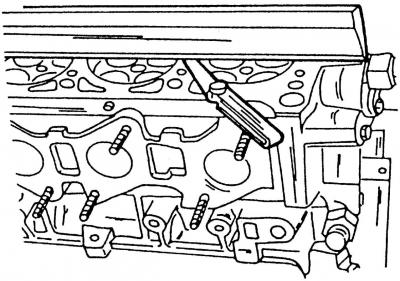 Fig. 46. Checking the cylinder head for deformation using a measuring ruler and feeler gauge