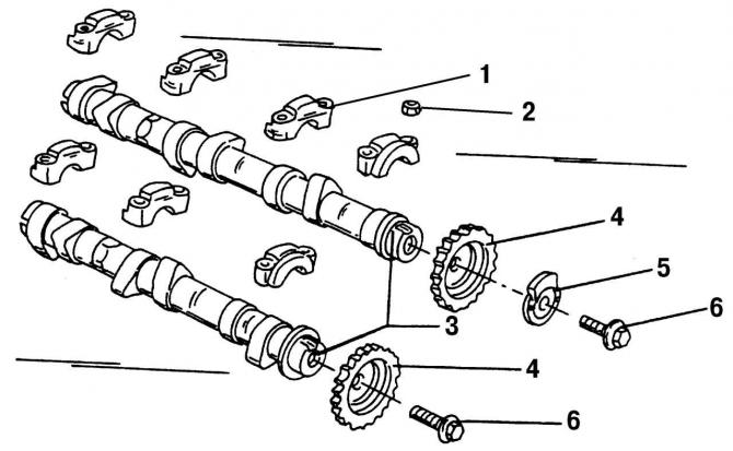 Рис. 31. Составные части распределительных валов вместе с крышками подшипников и звездочками: 1 -…