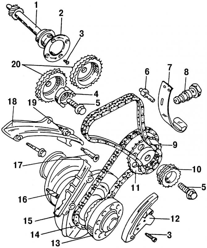 Рис. 91. Элементы привода механизма газораспределения: 1 - промежуточный вал; 2 - ведущее кольцо; 3…
