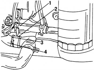 Рис. 187. Способ присоединения нижнего шланга радиатора: 1 - шланг охлаждающей жидкости; 2 -…
