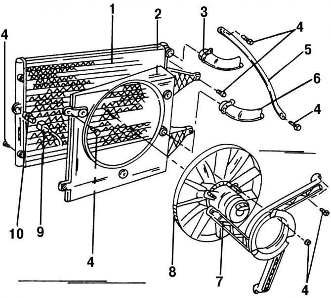 Рис. 182. Часть деталей системы охлаждения 2,0-литрового двигателя: 1 - радиатор; 2 - кожух…