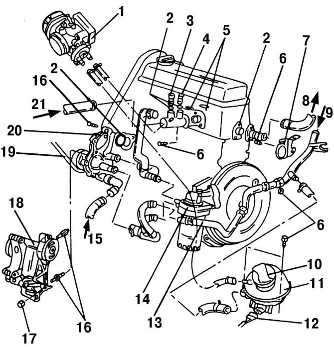 Рис. 189. Расположение некоторых деталей системы охлаждения 2,0-литрового двигателя: 1 - корпус…