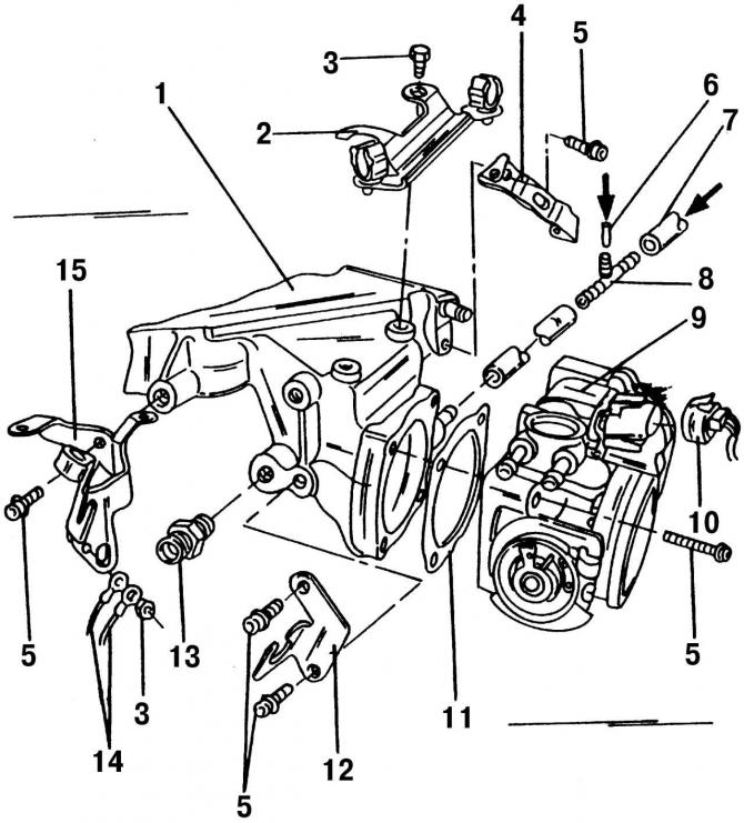 Рис. 200. Детали, установленные вблизи корпуса дроссельной заслонки: 1 - верхняя часть впускного…