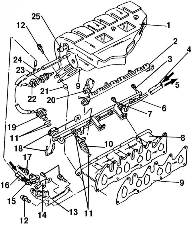 Рис. 201. Верхняя и нижняя части впускного коллектора и расположенные поблизости детали: 1 -…