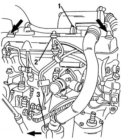 Рис. 392. Снятие крышки головки блока цилиндров: 1 - шланг; 2 - предохранительные колпачки; 3 -…