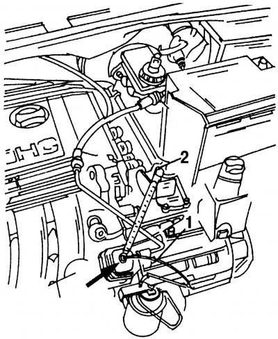 Фиг. 238. Обезвъздушаване на хидравличното задвижване на съединителя (стрелката показва мястото,…